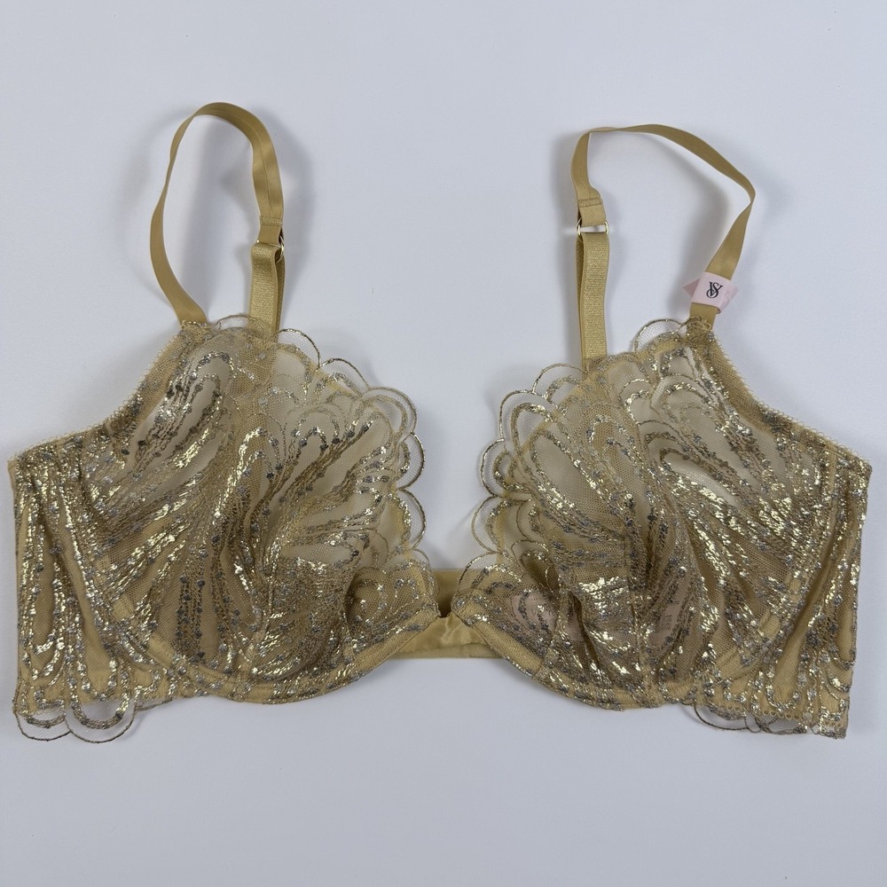 Victoria's Secret Very Sexy Showgirl Embroidery Unlined Demi Gold Bra 36D NWT